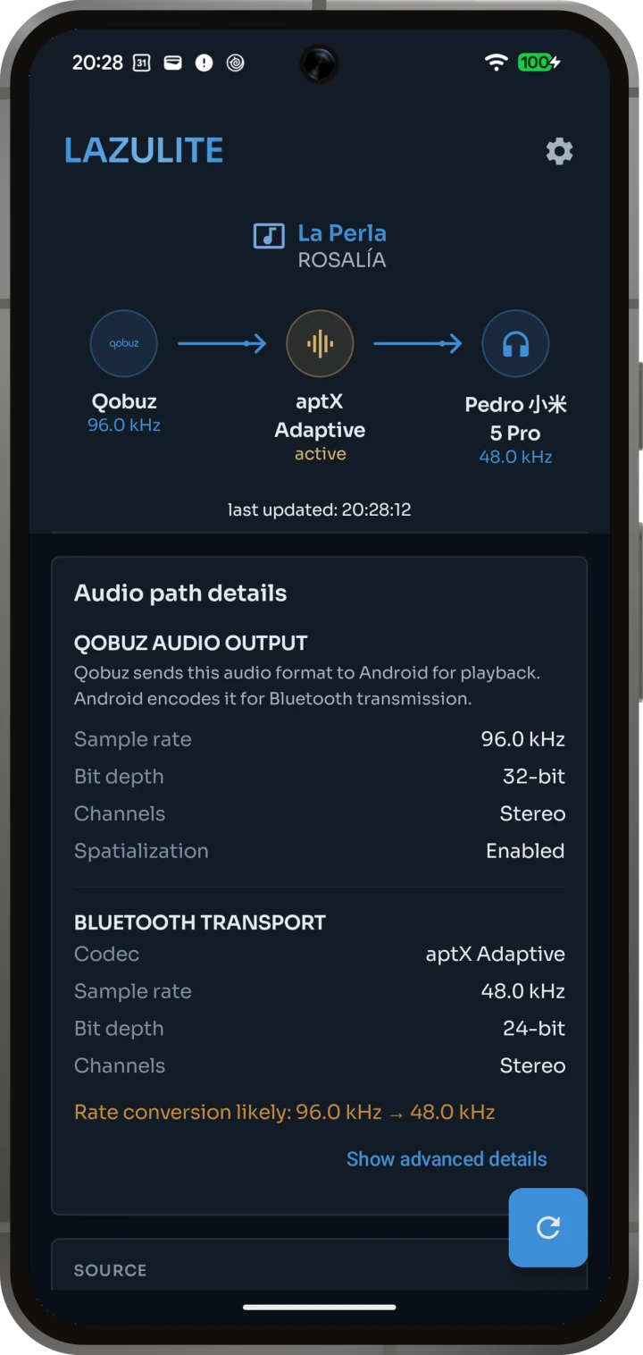 Lazulite Home showing the active aptX Adaptive codec and Bluetooth audio path