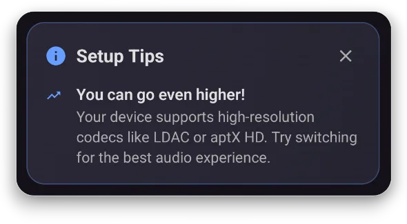 Lazulite app showing audio setup tips and quick-action suggestions